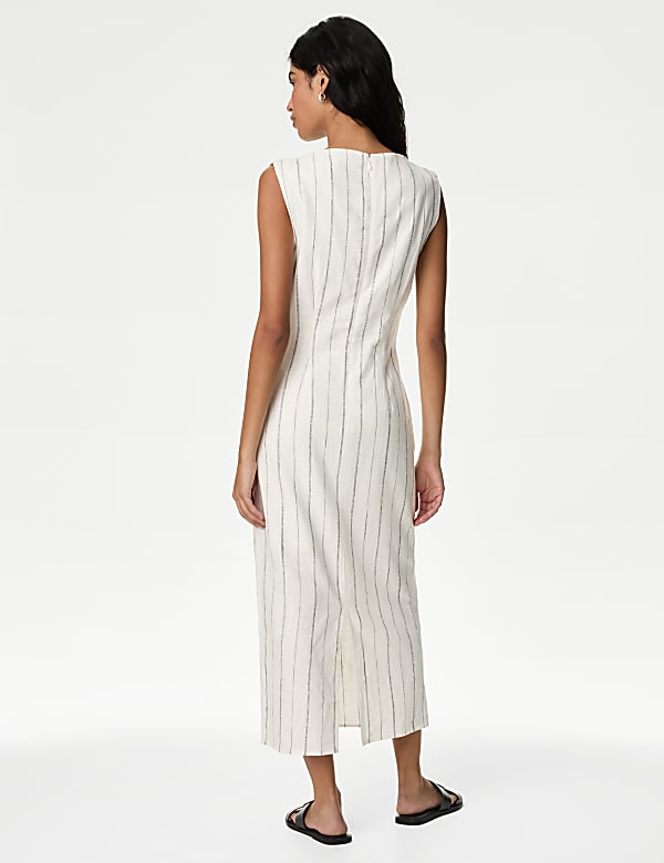 Gaun Bodycon Midaxi Motif Garis Campuran Linen - ID