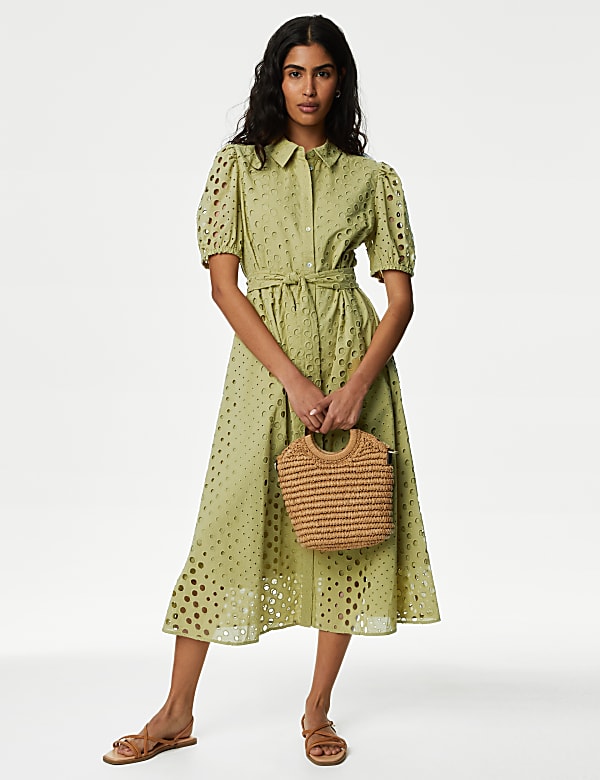 Pure Cotton Broderie Midi Shirt Dress - SE