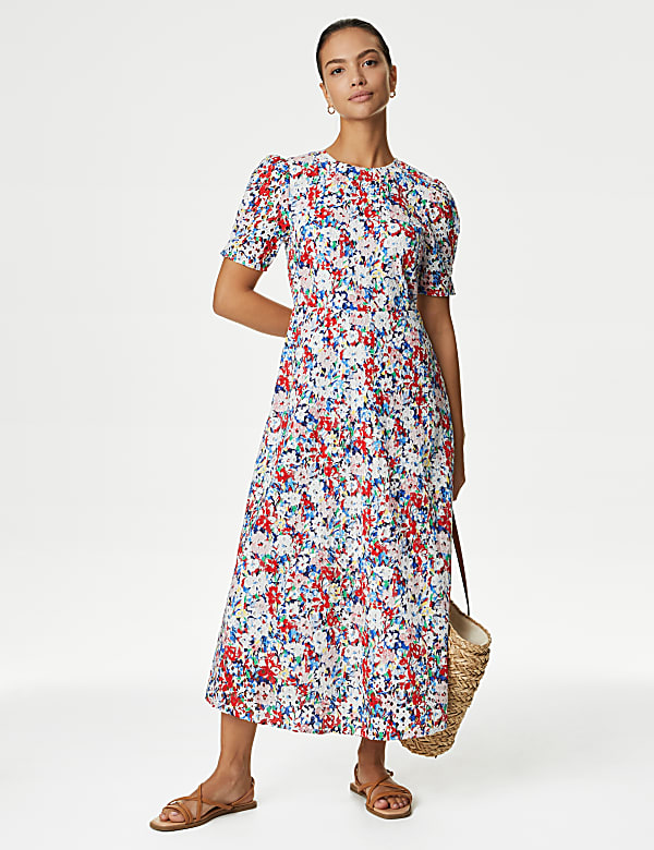 Pure Cotton Floral Cutwork Detail Midi Tea Dress