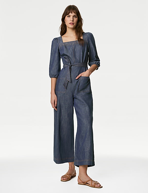 Denim Belted Ankle Grazer Jumpsuit DARK DENIM Jumpsuits M S SG