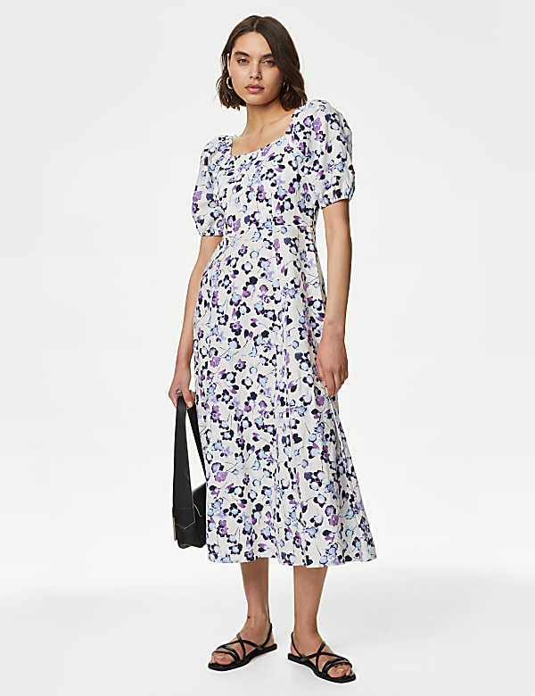 Linen Rich Square Neck Midaxi Day Dress IVORY MIX Dresses M S IL