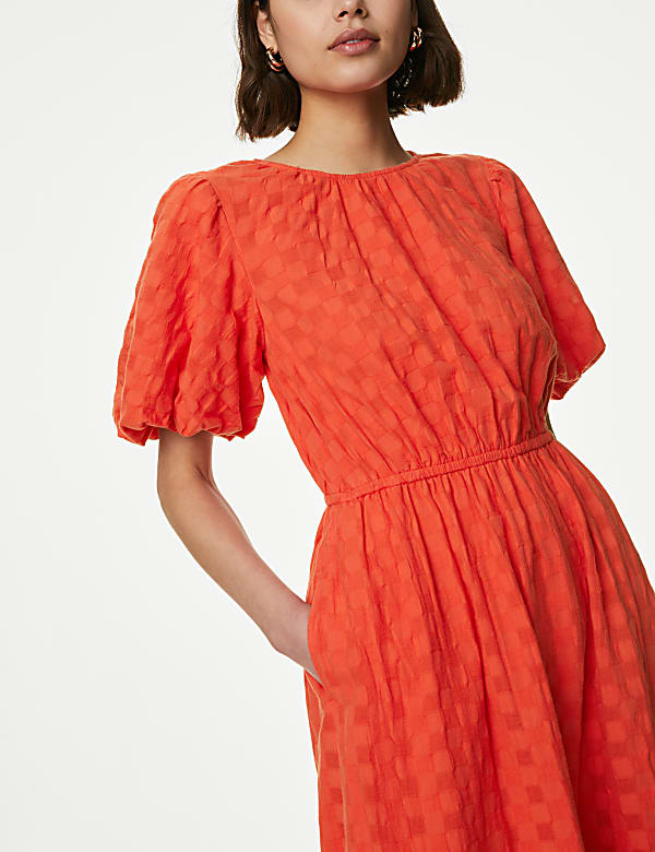 Pure Cotton Checked Midi Waisted Dress