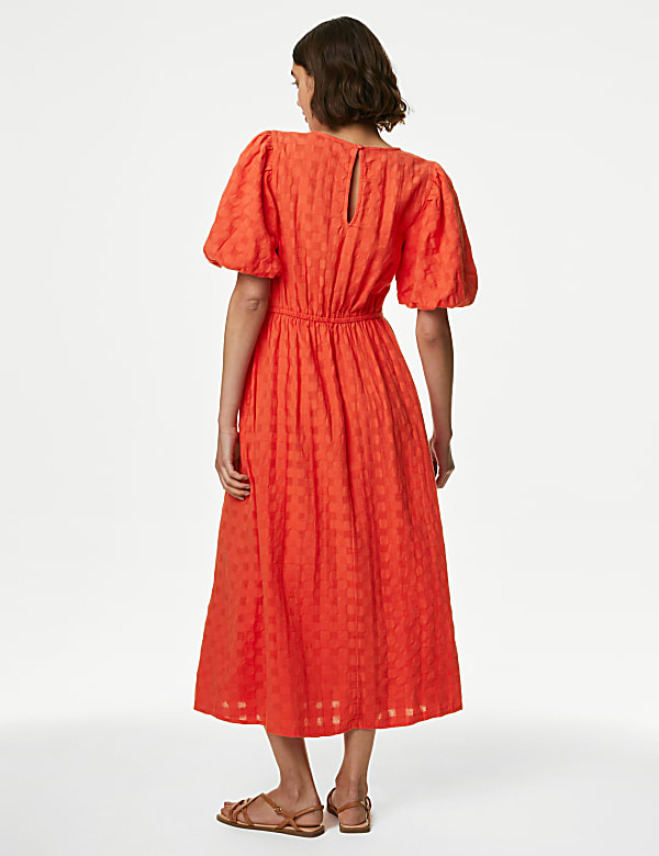 Pure Cotton Checked Midi Waisted Dress