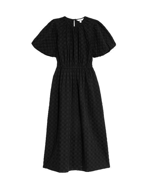 Pure Cotton Checked Midi Waisted Dress