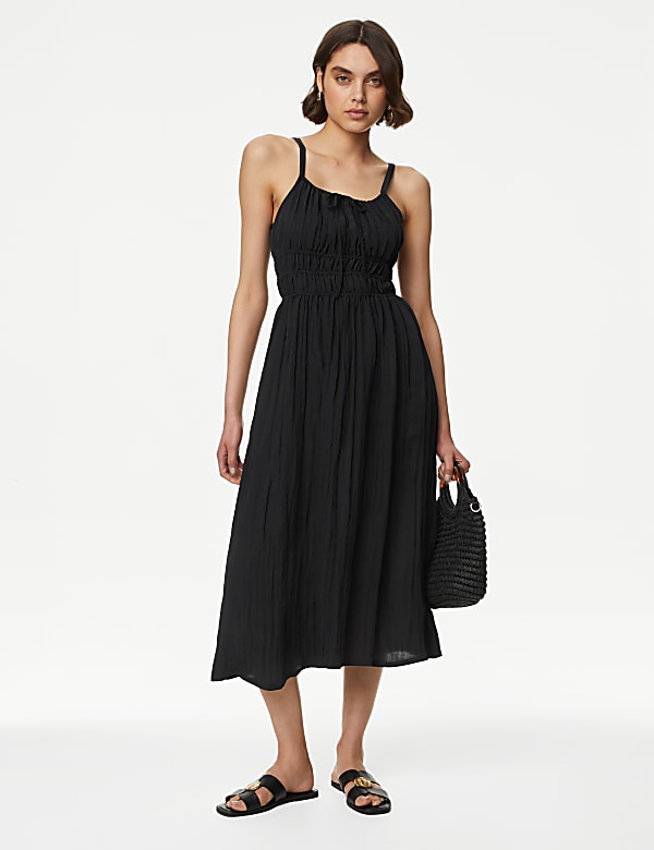 Crinkle Smocked Cami Midi Slip Dress BLACK Dresses M S ID