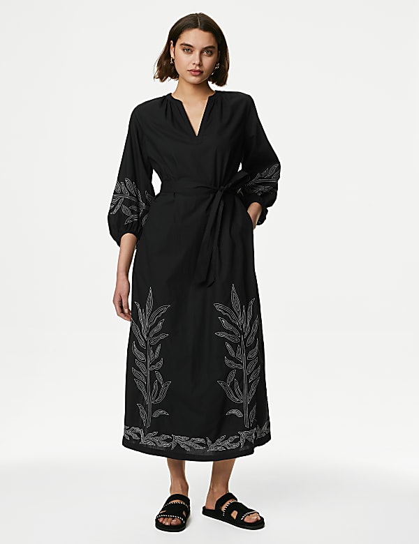 Pure Cotton Embroidered Midi Waisted Dress