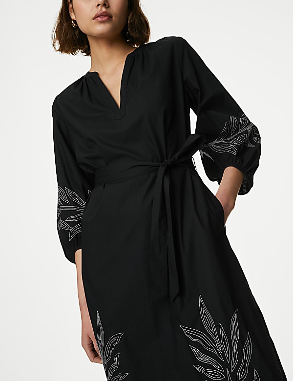 Pure Cotton Embroidered Midi Waisted Dress