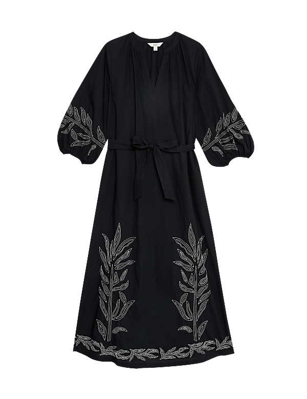 Pure Cotton Embroidered Midi Waisted Dress