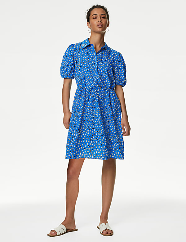 Printed Collared Tie Waist Mini Shirt Dress