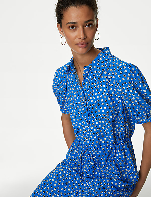Printed Collared Tie Waist Mini Shirt Dress