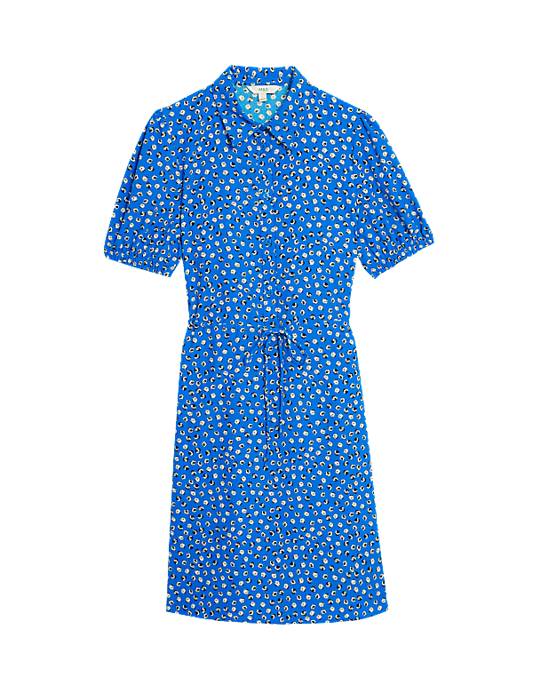 Printed Collared Tie Waist Mini Shirt Dress