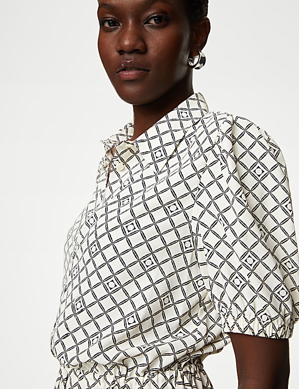 Printed Collared Tie Waist Mini Shirt Dress