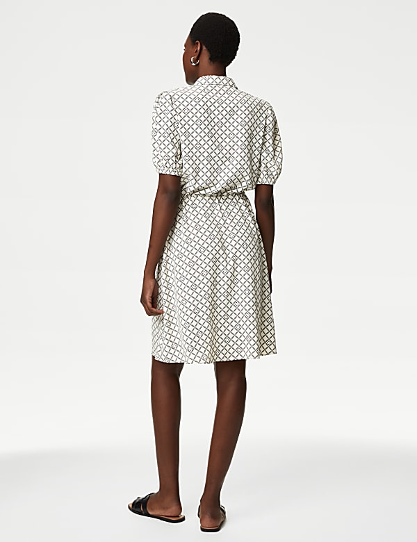 Printed Collared Tie Waist Mini Shirt Dress
