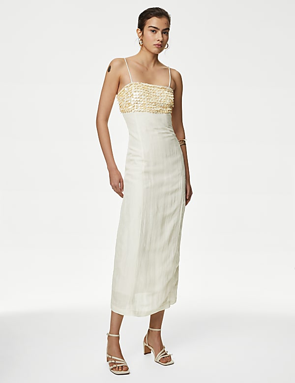 Linen Blend Embellished Midaxi Column Dress