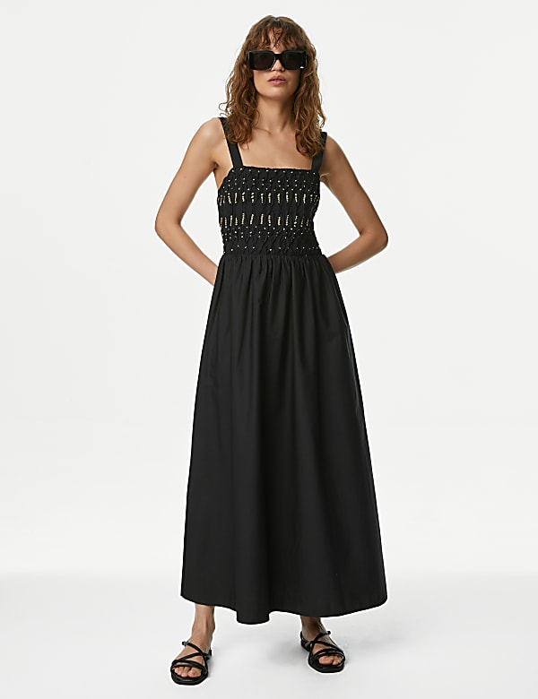 Pure Cotton Embellished Midaxi Shirred Dress - MV