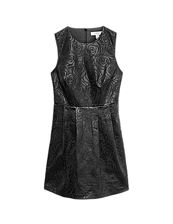 Faux Leather Embossed Crew Neck Mini Smock Dress