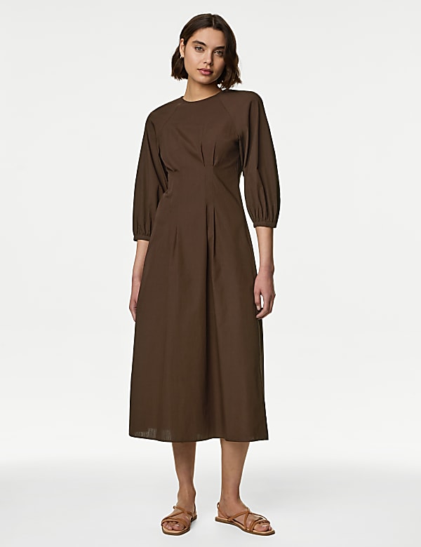 Pure Cotton Round Neck Midaxi Waisted Dress