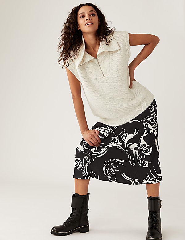 Satin Marble Print Midi Slip Skirt