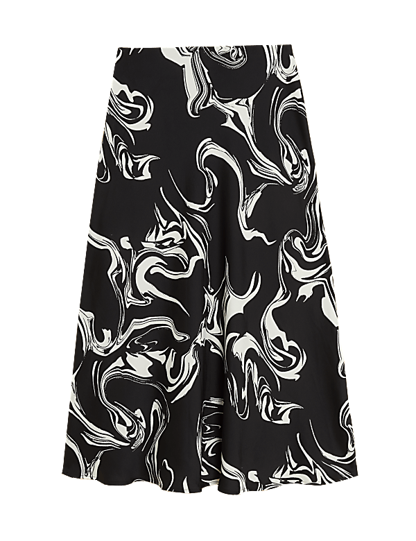 Satin Marble Print Midi Slip Skirt