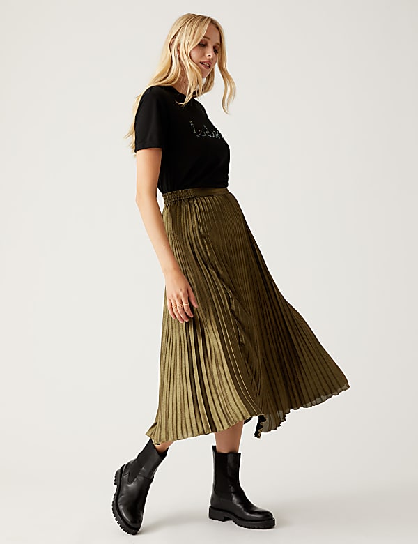 Foil Pleated Midi Skirt