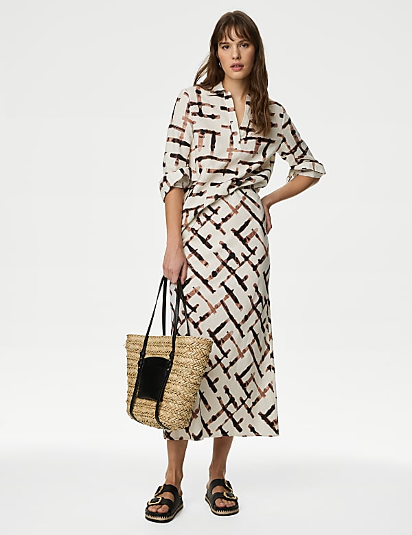 Linen Blend Printed Maxi Slip Skirt - AT