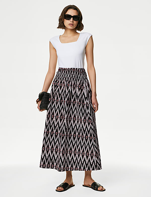 Pure Cotton Printed Midi A Line Skirt