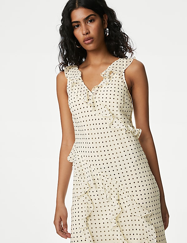 Polka Dot V-Neck Ruffle Midaxi Column Dress