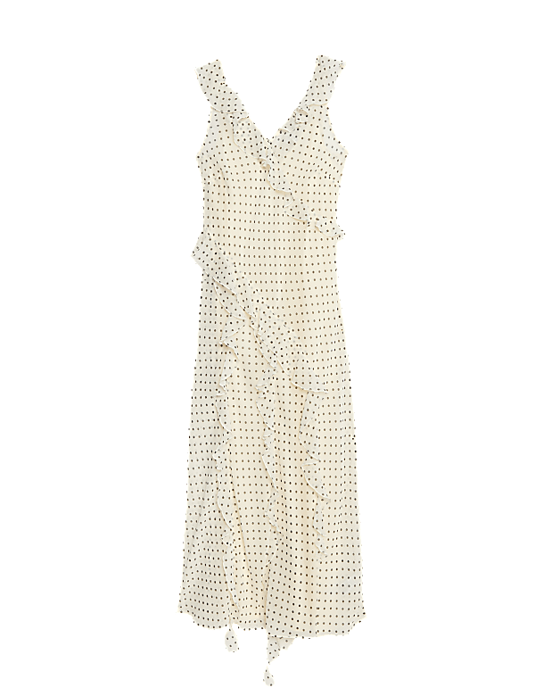Polka Dot V-Neck Ruffle Midaxi Column Dress