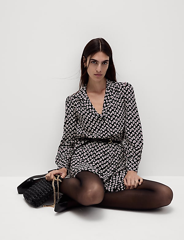 Printed Collared Tie Waist Mini Shirt Dress