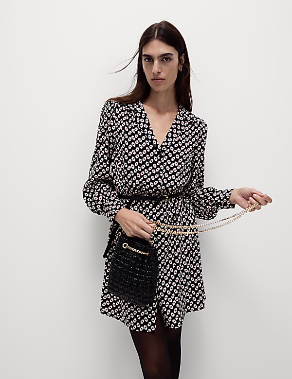 Printed Collared Tie Waist Mini Shirt Dress