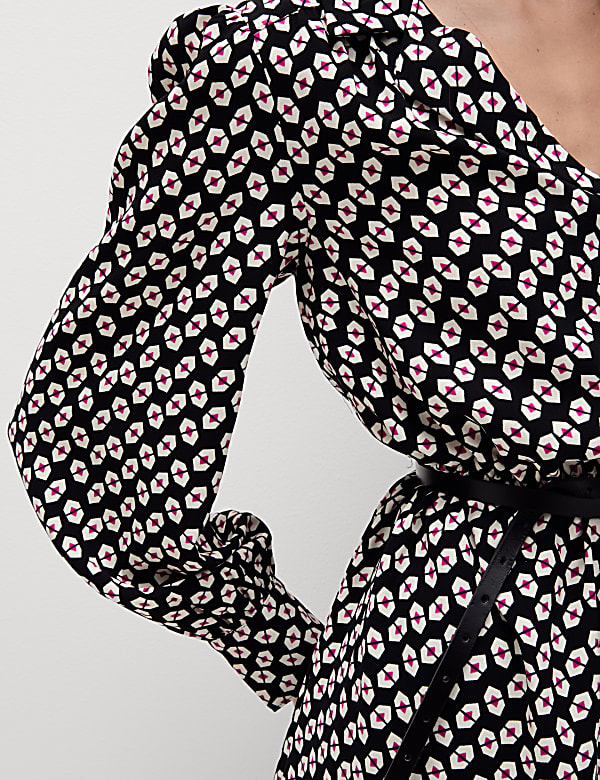 Printed Collared Tie Waist Mini Shirt Dress