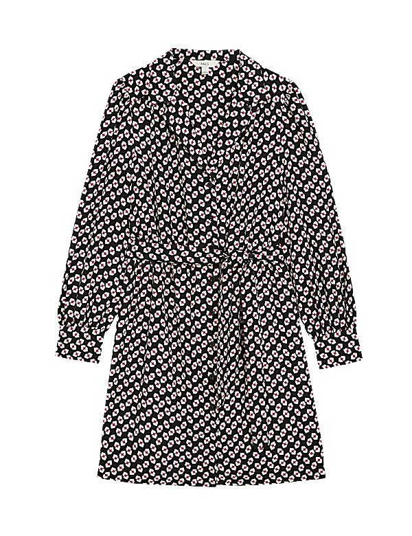 Printed Collared Tie Waist Mini Shirt Dress
