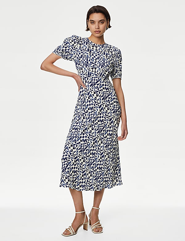 Geometric Round Neck Midaxi Tea Dress - IL