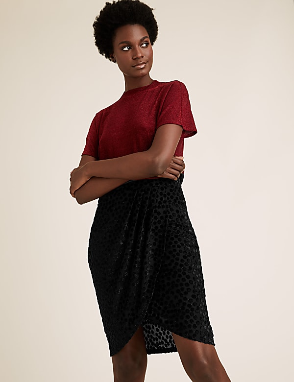 Velvet Polka Dot Knee Length Wrap Skirt BLACK M S CA