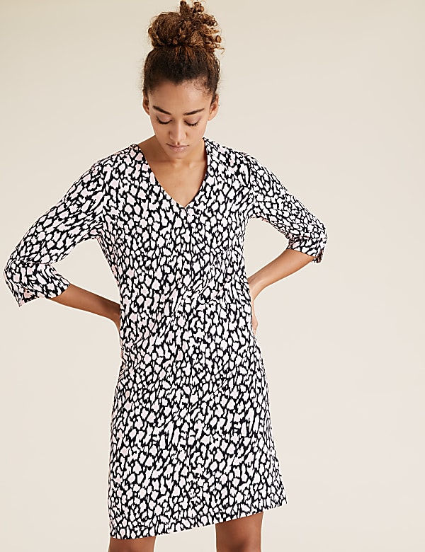 Crepe Animal Print V-Neck Shift Dress