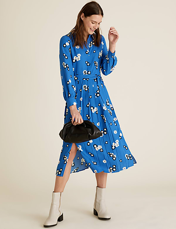 Floral Collared Tie Front Midi Shirt Dress