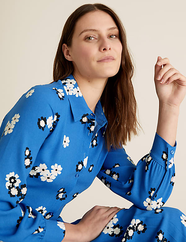 Floral Collared Tie Front Midi Shirt Dress