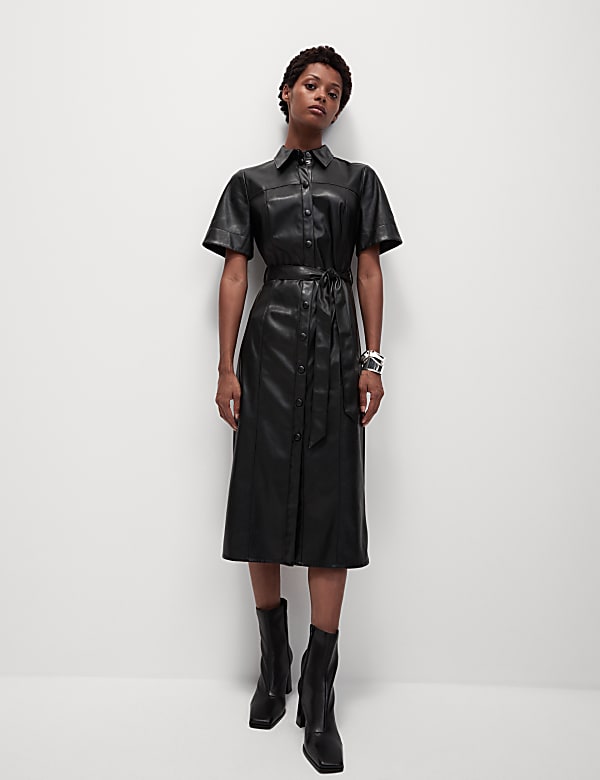 Faux Leather Belted Midaxi Shirt Dress