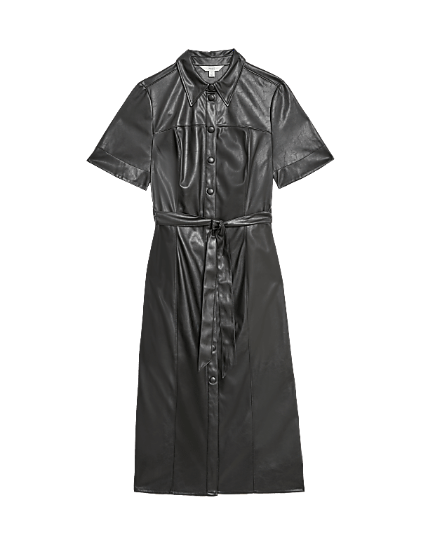 Faux Leather Belted Midaxi Shirt Dress