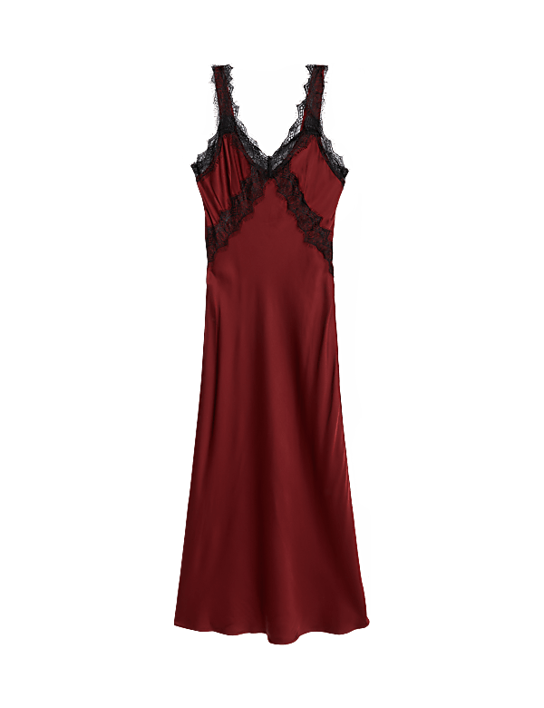 V-Neck Lace Insert Midaxi Slip Dress