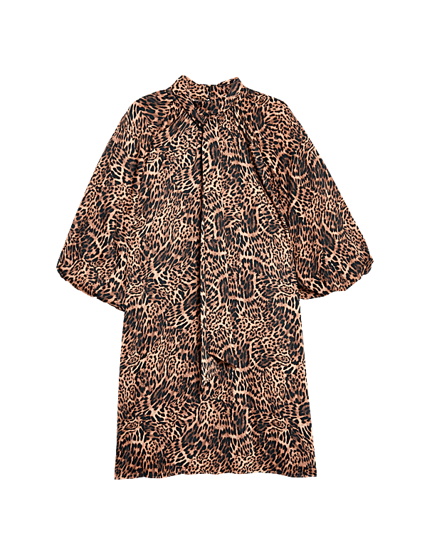 Animal Print Tie Neck Mini Shift Dress