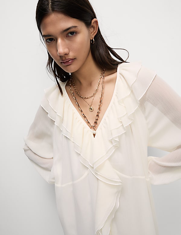 V-Neck Frill Detail Midaxi Smock Dress