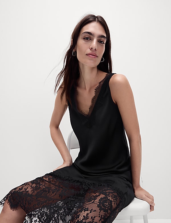 V Neck Lace Insert Midaxi Slip Dress BLACK Dresses M S CA
