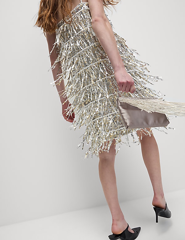 Sequin Square Neck Mini Shift Dress - HU