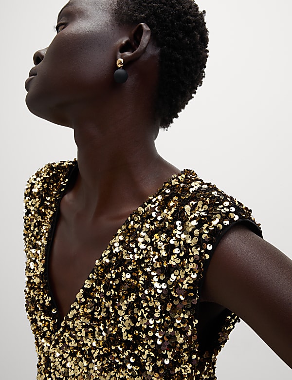 Sequin V-Neck Midi Column Dress - NO