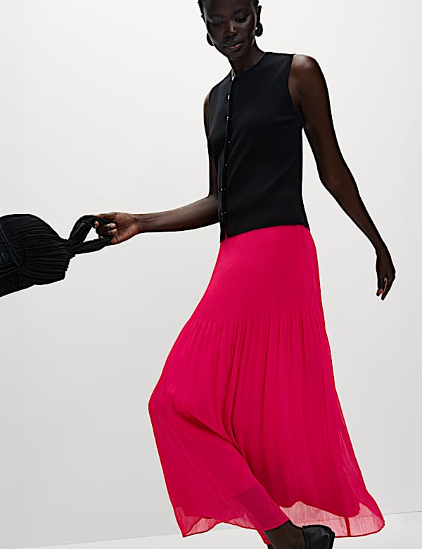 High Waisted Pleated Midaxi A-Line Skirt - RO