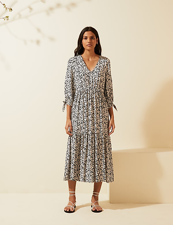 Floral V-Neck Tie Sleeve Midi Dress