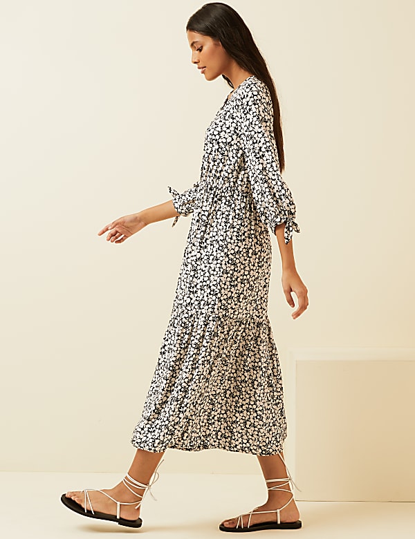 Floral V-Neck Tie Sleeve Midi Dress