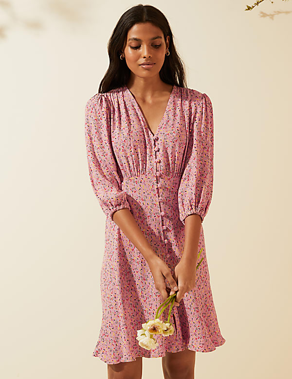 Floral V-Neck Button Through Mini Tea Dress