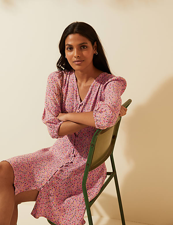 Floral V-Neck Button Through Mini Tea Dress